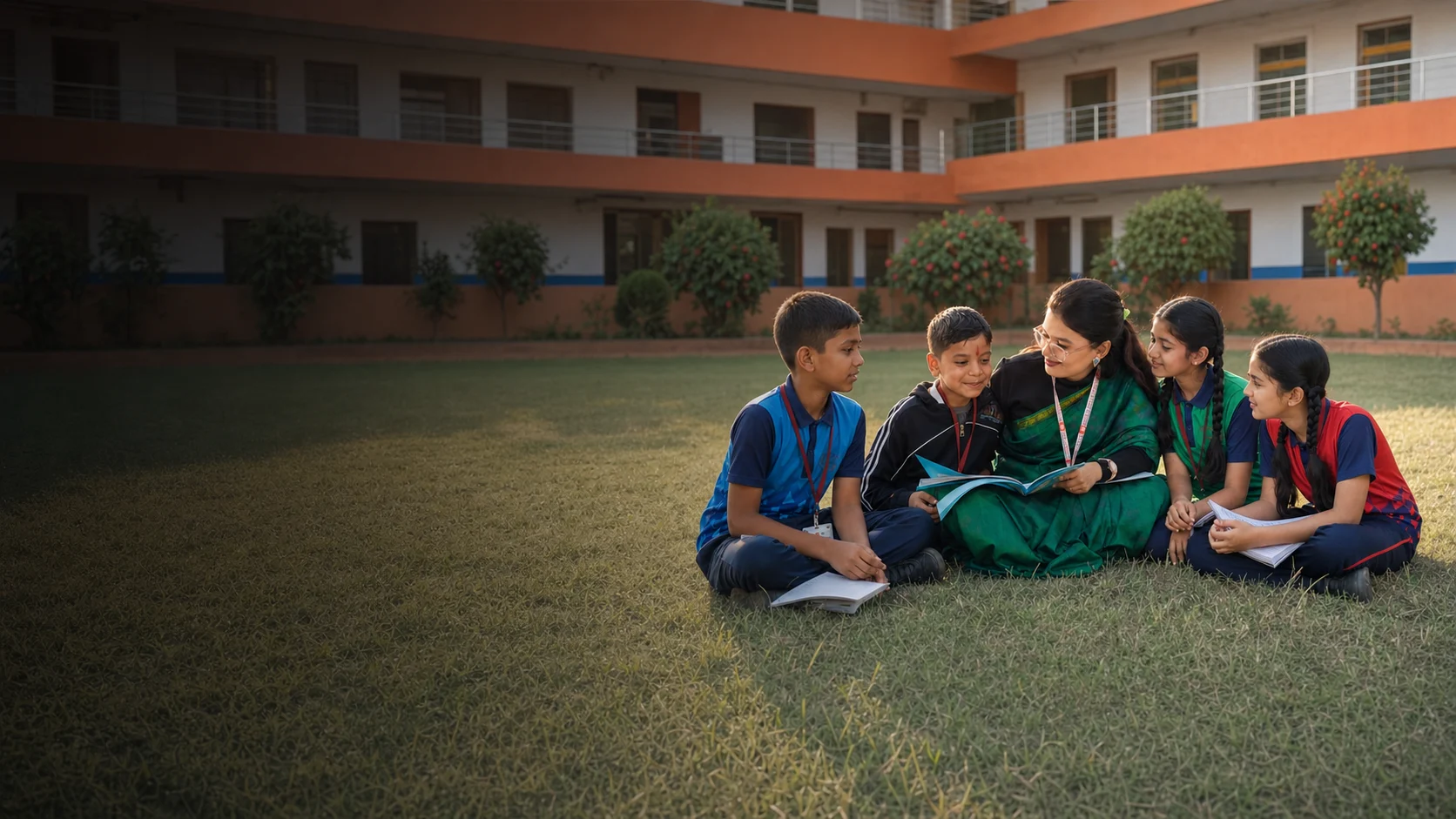 Students learning with a teacher on the BOMIS Naubatpur campus