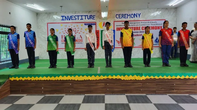 Middle and senior students wearing leadership sashes during the investiture ceremony